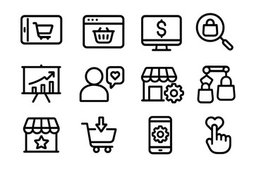 E-commerce icons collection on dark background featuring online shopping symbols
