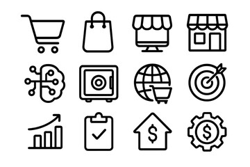 Minimalist shopping and business icons: cart, bag, storefront, chart, and more