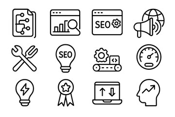 Seo icons set featuring technology and analytics tools on dark background