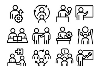 Teamwork and collaboration icons in modern line art style