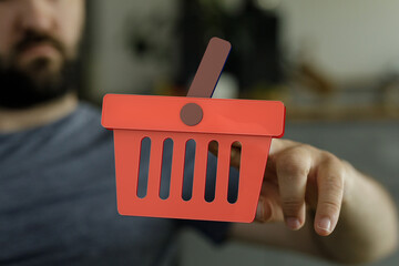 A red shopping cart icon is displayed on a person's fingertip, symbolizing online shopping and...