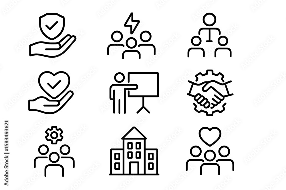 Poster set of business and teamwork icons in linear design on dark background