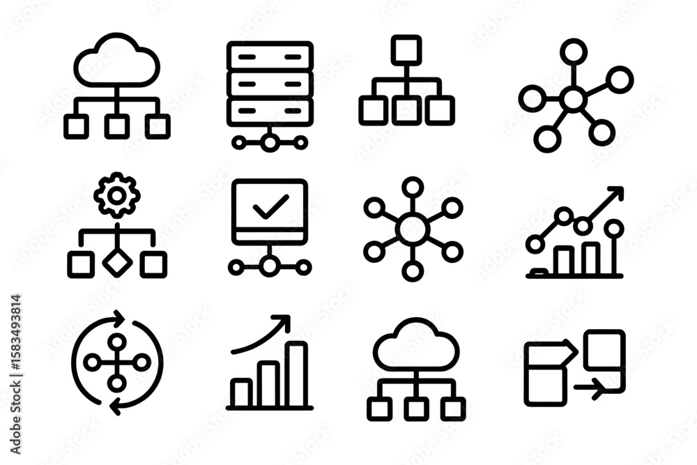 Poster minimalist network and data connection icons on dark background