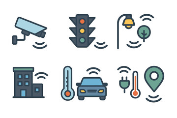 Smart city technology showcasing surveillance, traffic signals, and energy efficiency in an urban environment