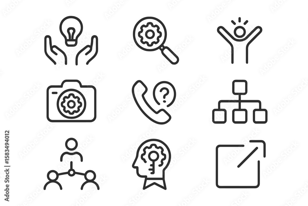 Poster linear icons of innovation and problem solving in business and communication