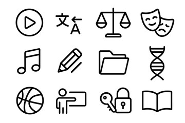 Outline icons: play, translate, scale, comedy, music, edit, folder, dna, basketball, teaching, security, reading