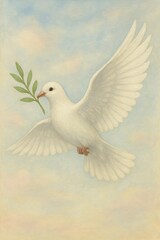 Fototapeta premium A White Dove of Peace in Flight with an Olive Branch Against a Pastel Sky