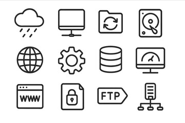 Flat technology icons: cloud, computer, network, security, database, server