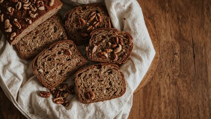 Freshly baked multigrain bread pieces placed on a fabric towel, filled with a variety of nuts. Close shot.
