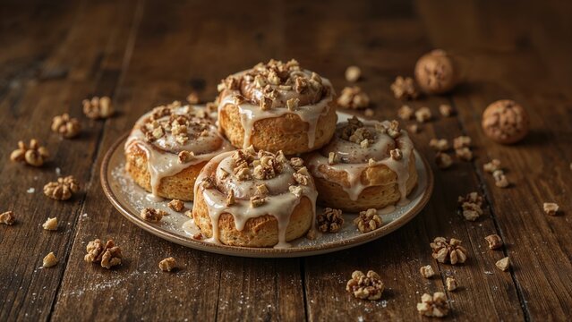 Plate of freshly baked cinnamon rolls with walnuts, sweet and homemade, displayed on a dark wood surface
