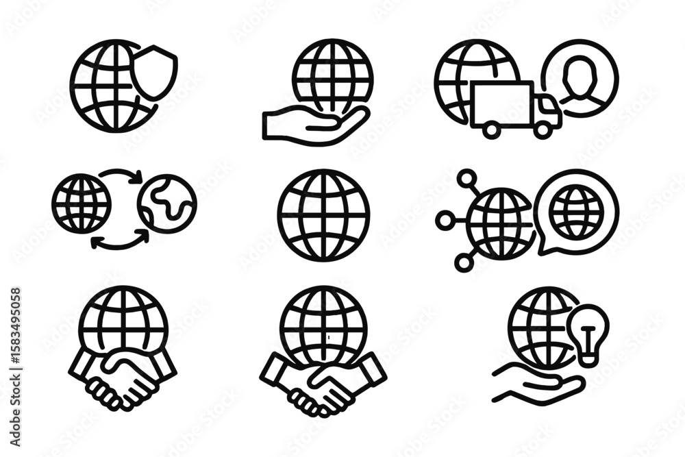 Aufkleber global business and network icons in minimal line art on dark background