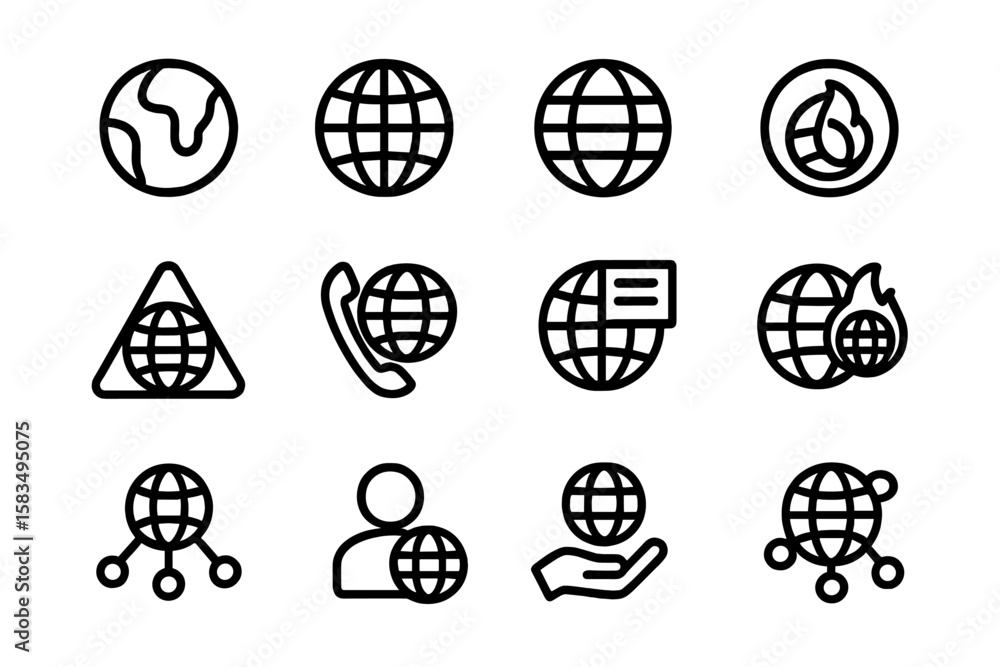 Poster global communication icons set with internet and network elements in outline style