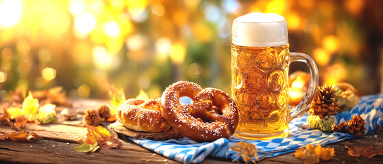 Oktoberfest Still Life with Beer and Pretzels on a Wooden Tabletop with Bokeh Background