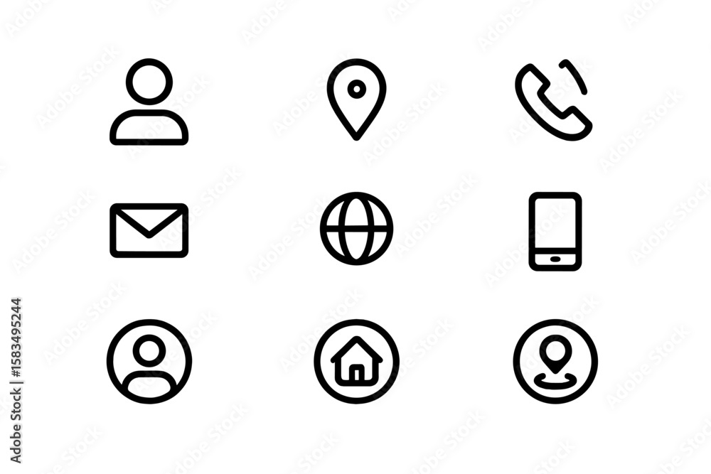 Poster minimalist black icons set for communication and navigation on grey background