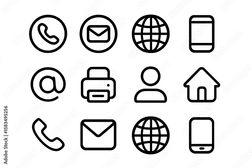 Poster minimalist black contact icons set for digital communication and networking