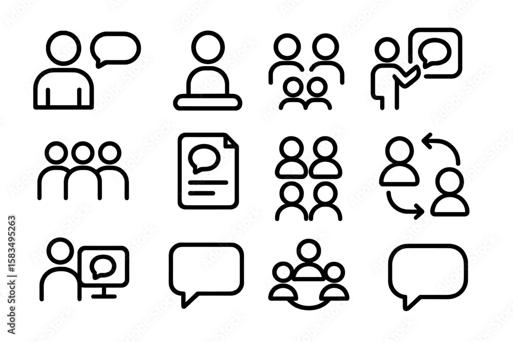 Aufkleber minimalist communication icons set with people and speech bubbles in linear style