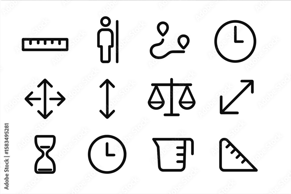 Poster sleek icon set for measurement and time concepts in linear style
