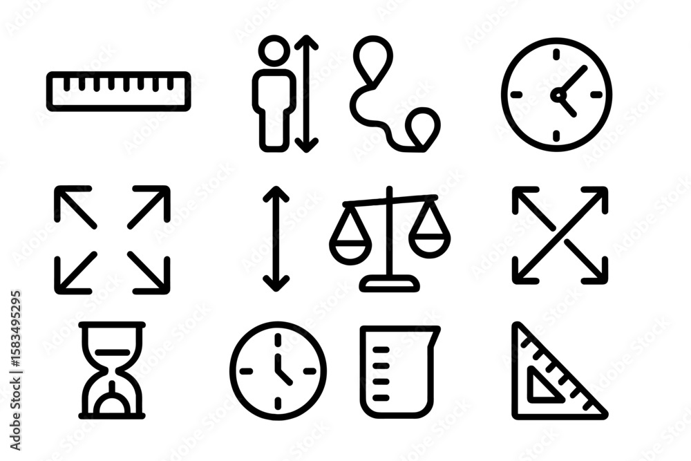 Poster minimalist measurement and time icons: stylish black linear design set