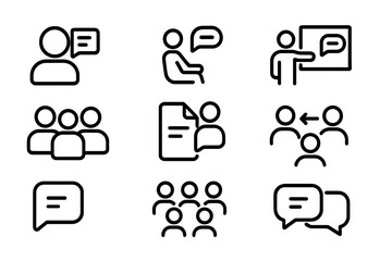 Simplistic communication icon set displaying people, speech bubbles, and interaction