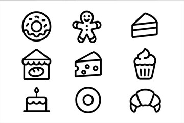 Stylish linear baking icons set featuring dessert and pastry outlines on gradient background