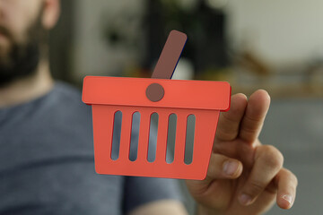 A man uses his finger to select items in a digital shopping cart.  Perfect for e-commerce, online...