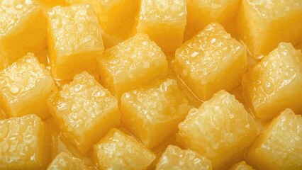 Close-up of freshly cut pineapple chunks