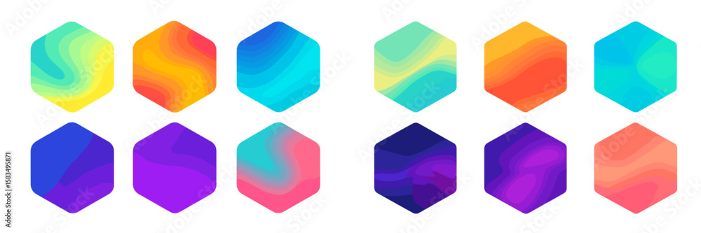 Poster colorful hexagonal patterns with vibrant gradients displayed in a modern design layout