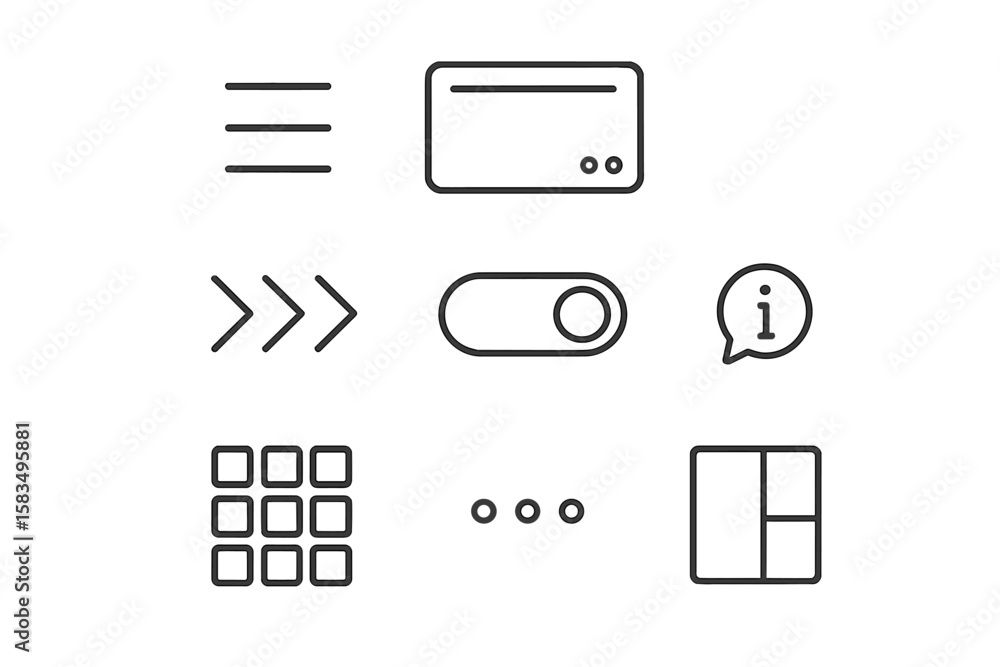Poster collection of minimalist graphic user interface icons in a simple layout showcasing different functi
