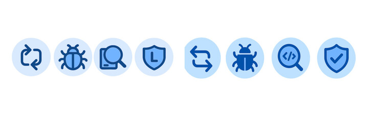 Collection of technical icons representing software tools for debugging, security, and code review used in programming tasks
