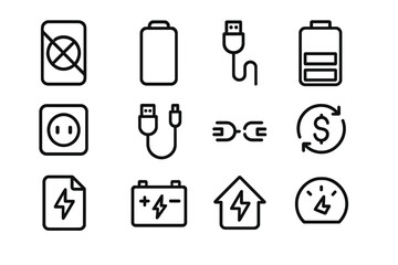 Minimalist energy and charging icons set on dark background