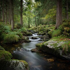 Fototapeta premium A serene forest stream flows gently over moss-covered rocks surrounded by tall trees and lush greenery.