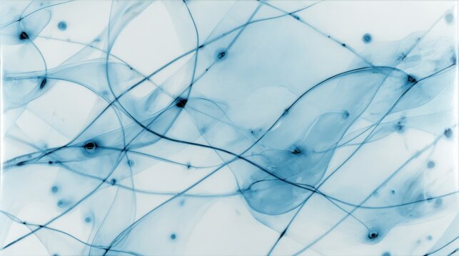 Microscopic neural-like energy network in soft blue tones symbolizing quantum data flow, cosmic energy transmission and futuristic bio-digital battery connections
