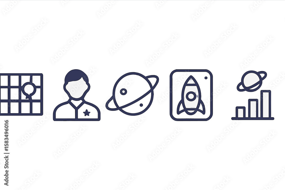 Poster modern icons representing technology, exploration, and data analysis in a minimalist design on a whi