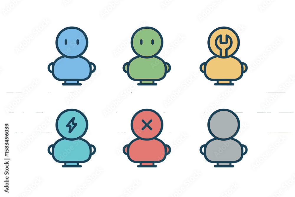 Poster collection of colorful icons representing different user statuses and actions in a modern digital in