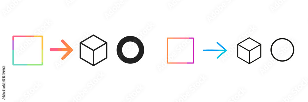 Poster transformation of shapes and colors in a creative design process showcasing visual evolution from ba