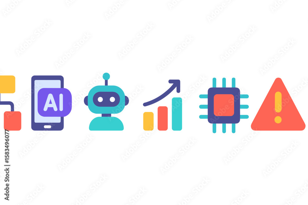 Poster exploring artificial intelligence through icons representing technology and data in a colorful graph