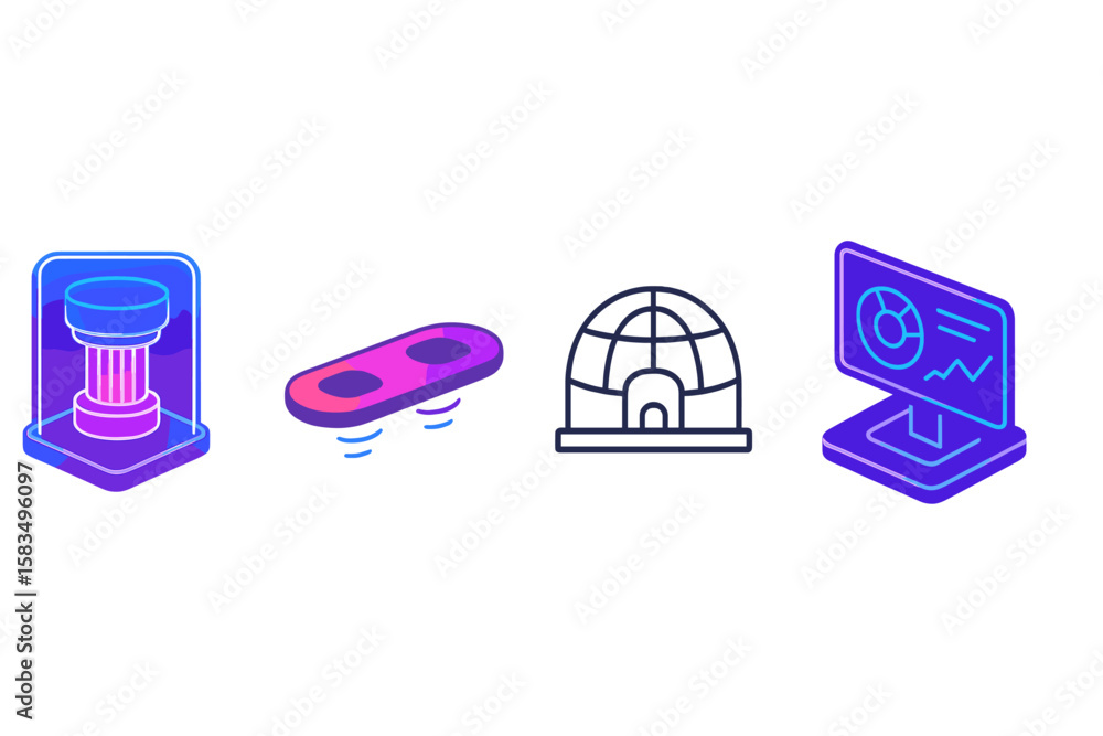 Poster modern icons illustrating technology, architecture, and data visualization in a sleek digital design