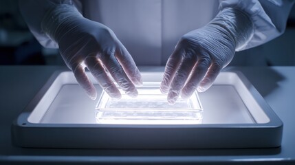 Scientist placing transparent trays on glowing sterile surface in laboratory representing energy collection, research and futuristic quantum data transfer systems