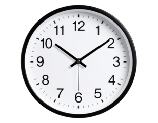 Minimalist Wall Clock with White Face and Black Hands, Front View, Soft Shadow, Transparent Background