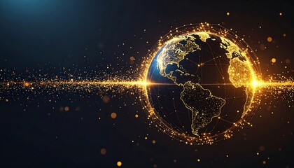 Golden digital Earth, glowing network