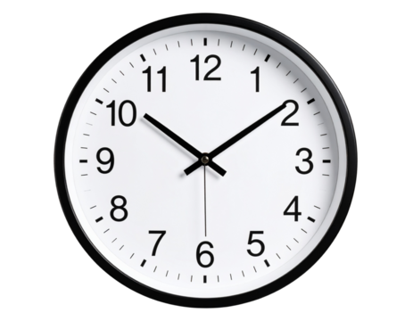 Minimalist Wall Clock with White Face and Black Hands, Front View, Soft Shadow, Transparent Background