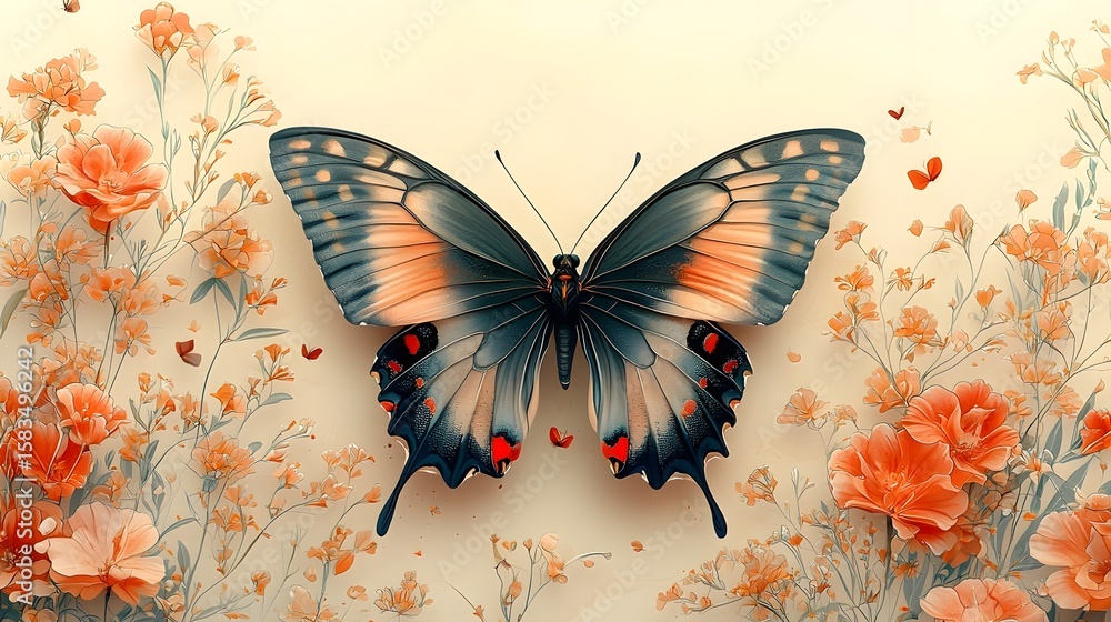 Poster delicate butterfly with intricate floral patterns on a soft cream background