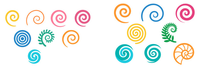 Colorful spiral designs in various hues and styles for artistic interpretation and creativity