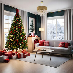 A room decorated for Christmas Day with a Christmas tree and gifts