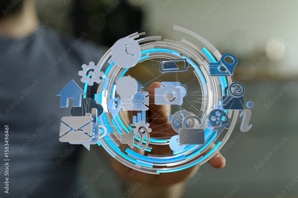 Aufkleber hand interacting with a digital interface showing various app icons, representing global connectivit