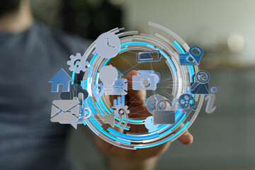 Hand interacting with a digital interface showing various app icons, representing global...
