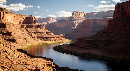 Stunning red rock formations reflected in a calm river under golden hour sunlight, with sparse desert vegetation and deep canyon textures in a vast arid landscape