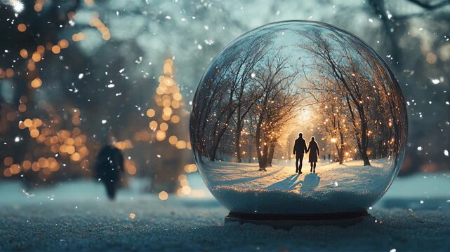 Pareja caminando en una bola de cristal en un paisaje nevado de invierno m&aacute;gico