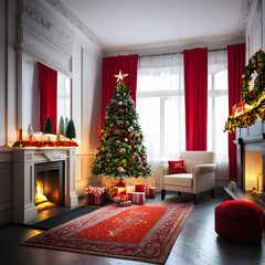 A room decorated for Christmas Day with a Christmas tree and gifts