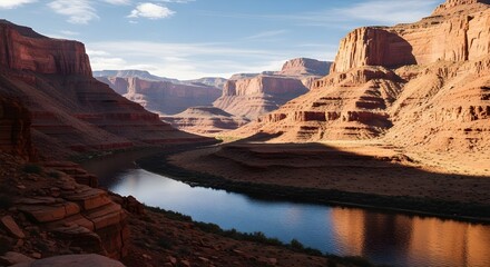 Stunning red rock formations reflected in a calm river under golden hour sunlight, with sparse desert vegetation and deep canyon textures in a vast arid landscape